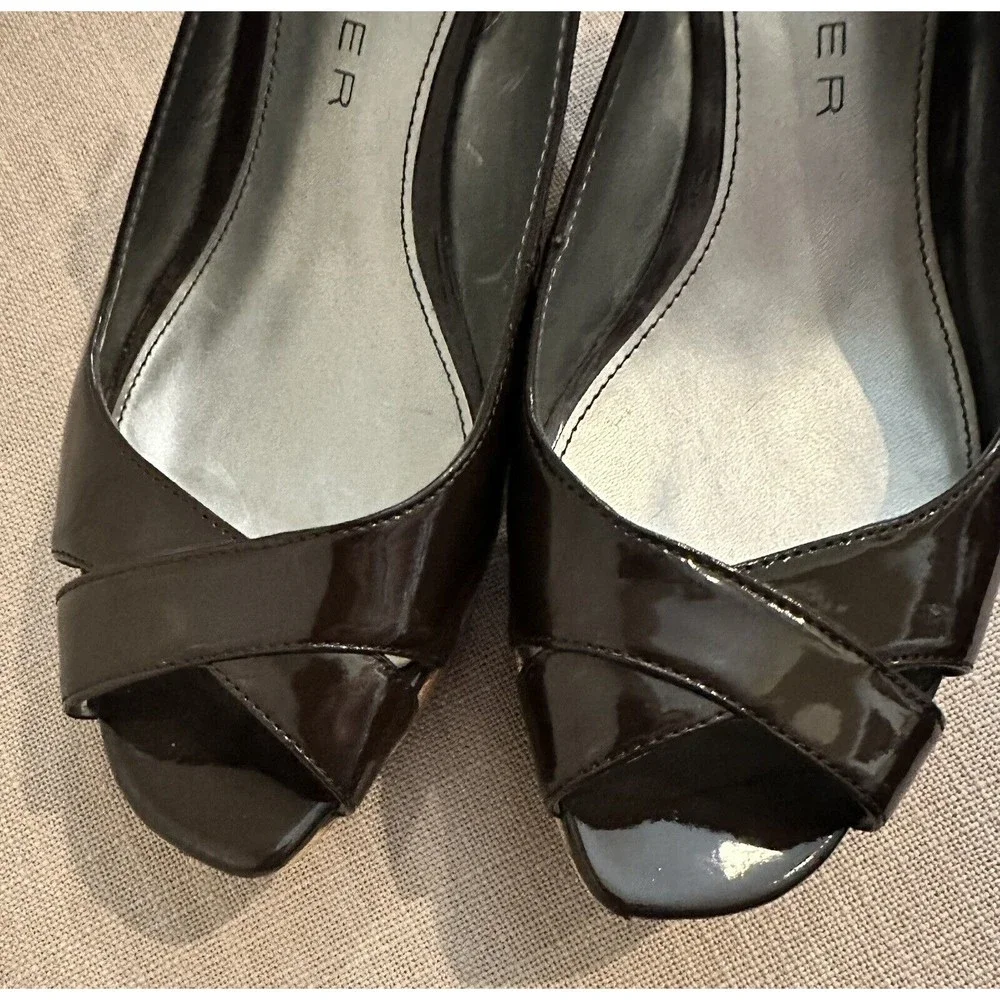 Marc Fisher Brown Patent Faux Leather Cork Wedges,‎ Open Toe, Size 8.5M